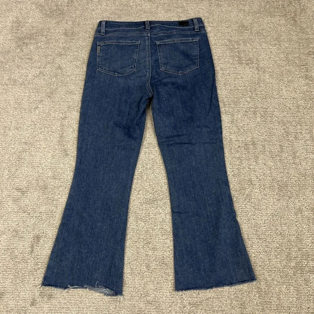 Paige Rory Crop Flare Jeans Womens 30 Blue Wash High Rise Raw Hem Stretch Denim